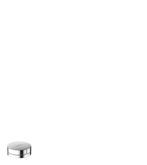 Küchen-Geräteabsperrventil aus verchromtem Material von Hansgrohe, mit runder Form und flachem Deckel, auf hellem Hintergrund.